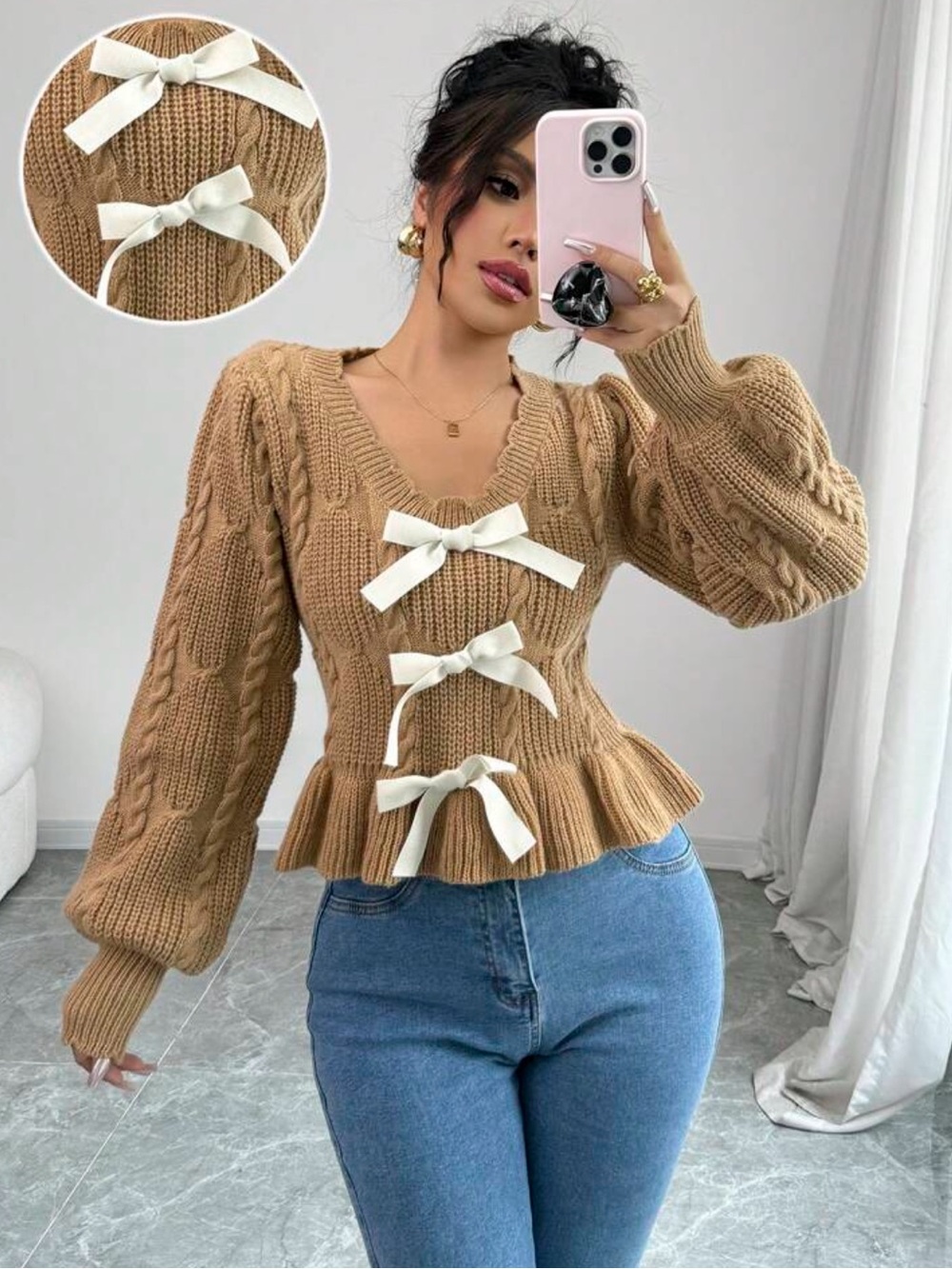Chunky Cable Knit Peplum Knit Sweater with Bow Details - Camel
